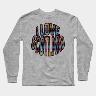 I LOVE SCOTLAND Pink, Yellow and Blue Tartan Colour Typography Design Long Sleeve T-Shirt